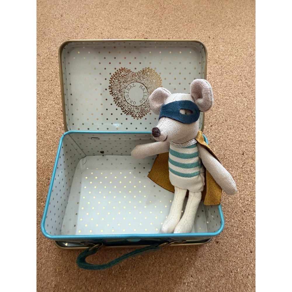 Maileg Super Hero Mouse Little Brother in Tin Suitcase Retired 4" Plush Toy